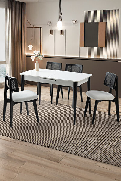 Sweet Home Masa Sandalye Milano Mdf Ortadan Açılır Masa 4 Adet Kuzey Siyah Sa...