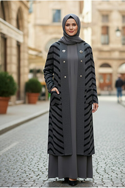 YusGos Women's Hijab Button Detailed Long Striped Cardigan Gray Standard