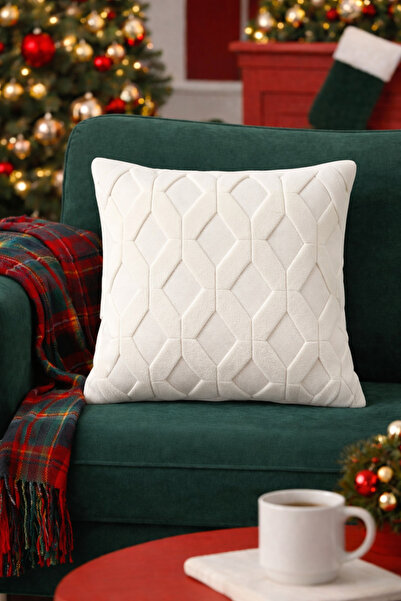 Halımax Dream Plush Embossed Decorative Throw Pillow Cover Cream Washable Design Case 43X43Cm 1 Piece
