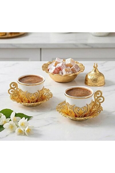 AcarHediyelik İki kişilik Türk kahvesi takımı , 2 altın kaplama porselen finc...