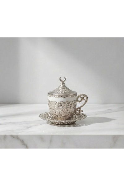 AcarHediyelik 1 Adet Türk Kahvesi Fincanı,Hilal Motifli,Kahve ve Espresso için Porselen Fincan ve Tabak, Gümüş