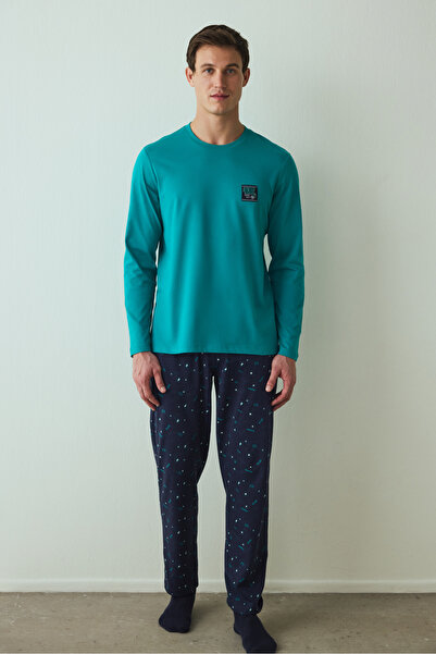 Penti Herren-Pyjama-Set aus Baumwolle mit Rundhalsausschnitt und Super-Slogan-Aufdruck