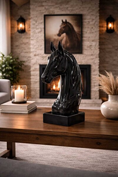 İMOKA DİZAYN Asaletin Simgesi Siyah Parlak Seramik At Başı Dekoratif Biblo