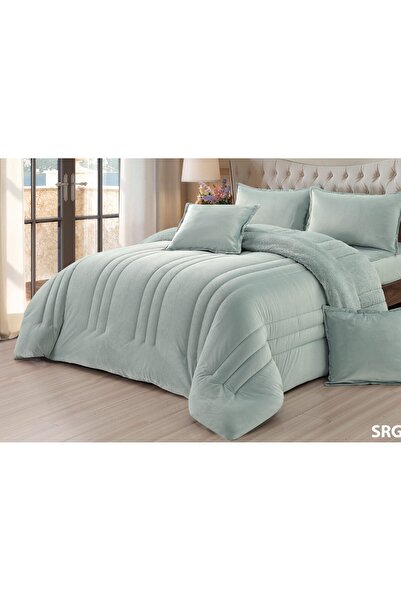 Moon طقم مفرش 6 قطع نفرين شتوي حشوة وسط مخمل ناعم مع فرو سادة ذو وجهين خامة م...