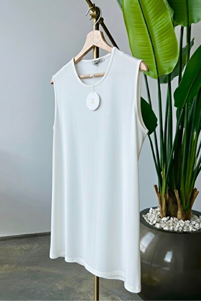 İmajButik Krem Sıfır Kol Pamuklu Penye İçlik Tunik