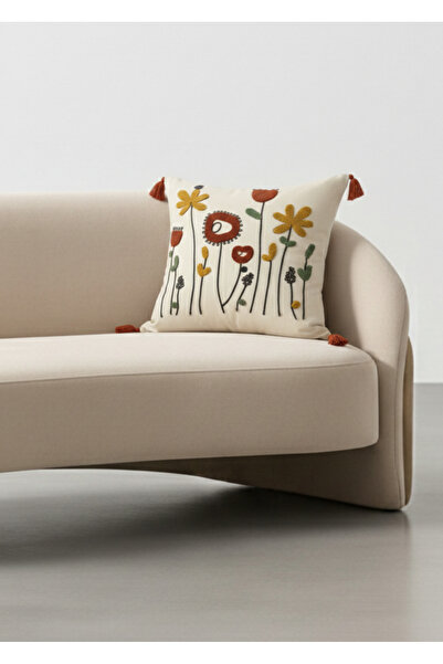 Destiva Home غطاء وسادة مطرز بنمط زهور من بولدان مع شراشيب حمراء مقاس 42 × 42 سم