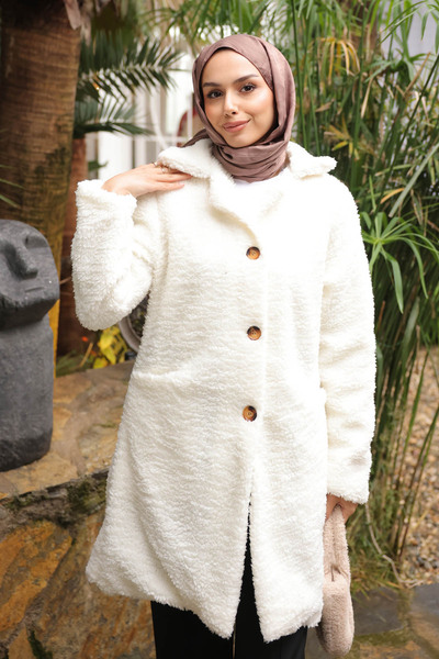 İmajButik Palton de pluș angora cu nasturi ecru