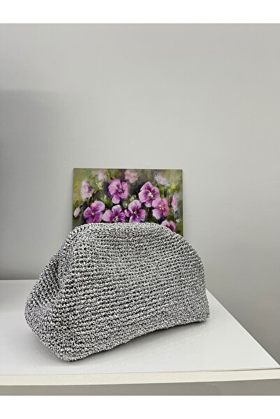 Ays handmade Şık Gece Çantası Abiye Çantası Metalik Rafya Gümüş Çanta Portföy...