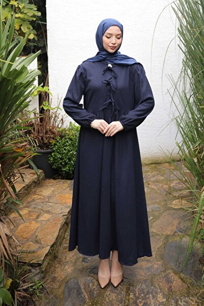 İmajButik Φόρεμα με γραβάτα με ελαστικό γιακά με μανίκια