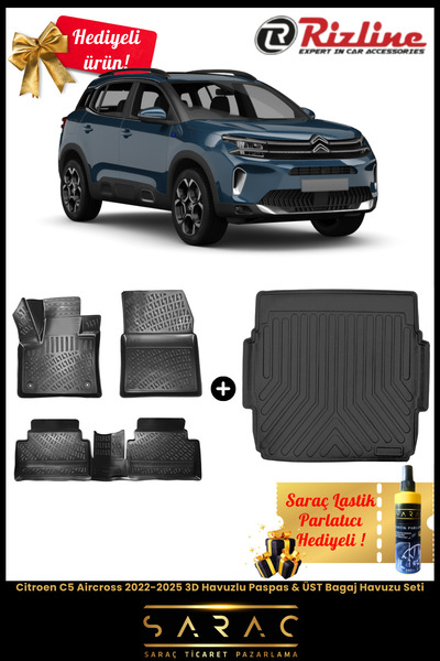 Rizline Citroen C5 Aircross 2022-2025 Havuzlu Paspas & ÜST Bagaj Havuzu Seti+...