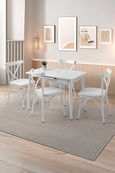 Sweet Home Masa Sandalye Açılır 60x100 Cm Mini Silva Beyaz Mermer Masa  4 Ade...