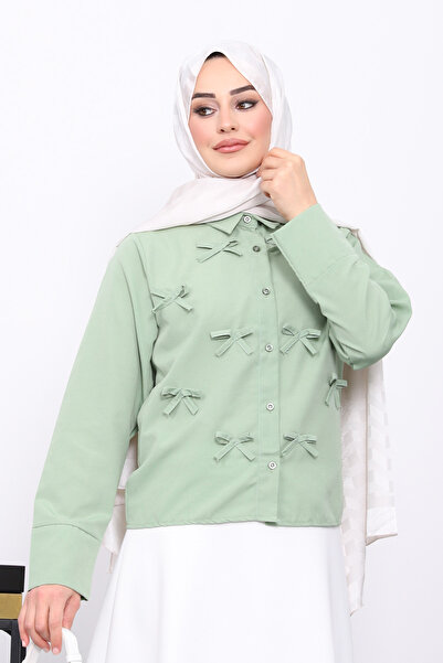 İmajButik Khaki Bow Front Button Shirt