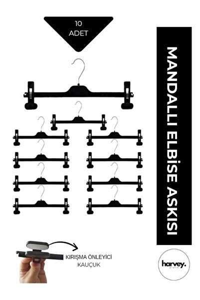 Harvey Mandallı Askılık 10'lu Em-38/ 38cm Genişlik (elbise Askısı/ Etek Askısı / Pantolon Askısı)
