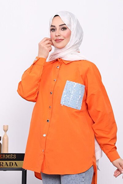 İmajButik قميص كبير الحجم مطرز بالترتر البرتقالي