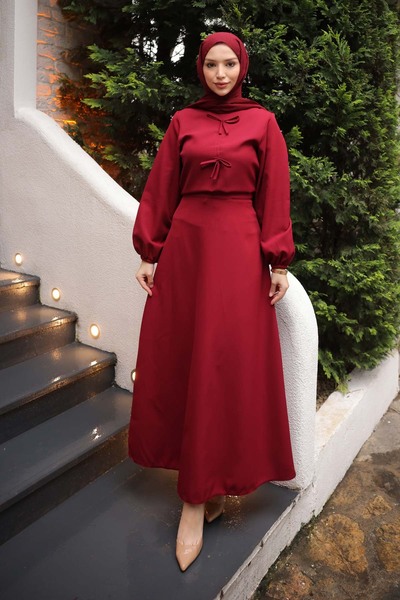 İmajButik طقم تنورة وبلوزة كريب بفيونكة باللون العنابي