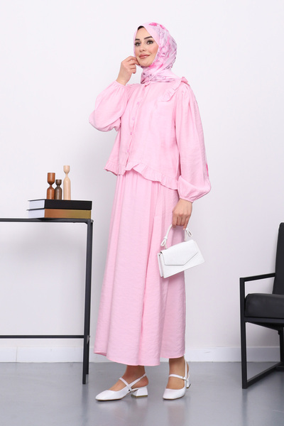 İmajButik Set cămașă cu volane roz cu fustă