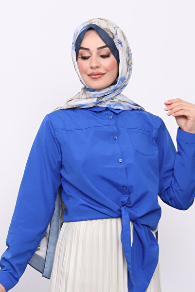 İmajButik Сакс Синя сорочка з одним кишенею і зав'язкою спереду