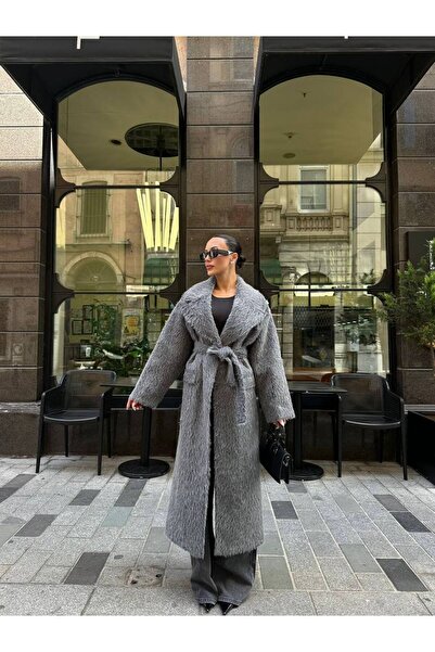 Julidress Dark Gray Special Textured Belted Oversized (Bol) Lined Premium Long Wool Coat