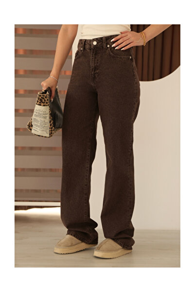 deqfashion Kadın Kahve Rengi Yüksek Bel Wide Leg Palazzo Jean Pantolon