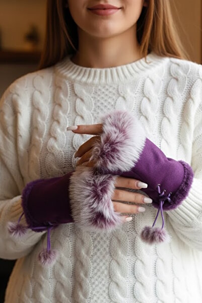 CAŞ DEKORASYON Mor Renk Peluş Detaylı Kesik Eldiven