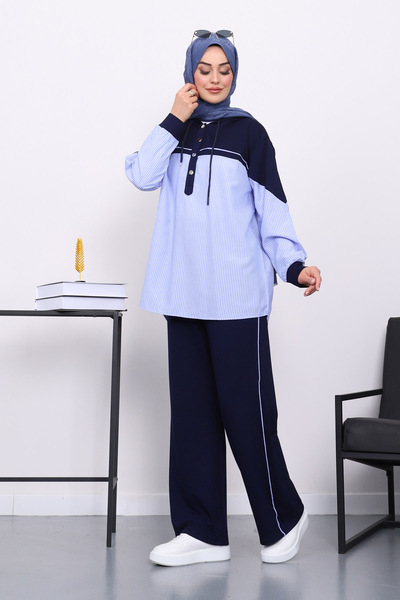 İmajButik Costum cu pantaloni garniti cu cămașă albastru bleumarin