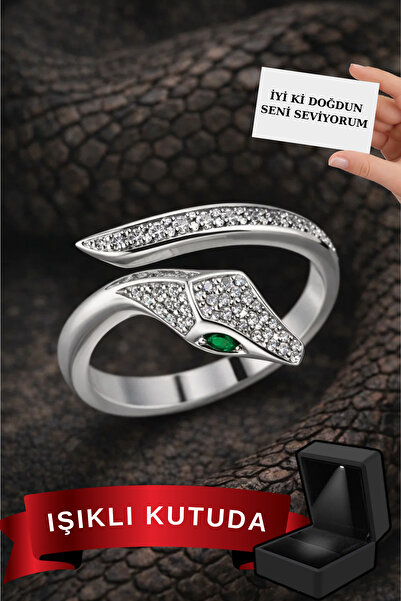 CARAT STONE IŞIKLI KUTUDA 925 ayar gerçek gümüşten yılan yüzük (ayarlanabilir beden)