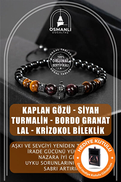 OSMANLI DOĞAL TAŞ Orijinal & Sertifikalı Doğal Taş Erkek Bileklik Kaplan Gözü Bordo Granat Lal Krizokol Bileklik