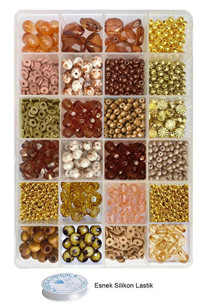 By MO Accessories 24 Bölmeli Kutuda 24 Çeşit Kahverengi Boncuklarla Takı Yapma Hobi Seti Bileklik Kolye