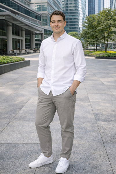 LUXIC CORE قميص قطني كلاسيكي أبيض اللون للرجال قصة ضيقة بأكمام طويلة – مزيج أ...