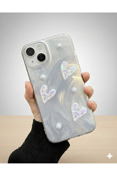 OVADA iPhone 13/14 Uyumlu Kamera Koruma Çıkıntılı Kalpli İncili Premium Pinte...