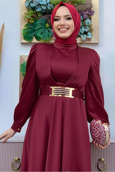 TRENDTESETTÜR فستان سهرة نسائي من الساتان باللون العنابي مع حزام وتفاصيل مطوي...