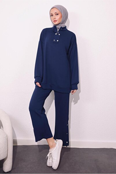 TRENDTESETTÜR KADIN LACİVERT ÖRME PANTOLONLU TAKIM T 9064