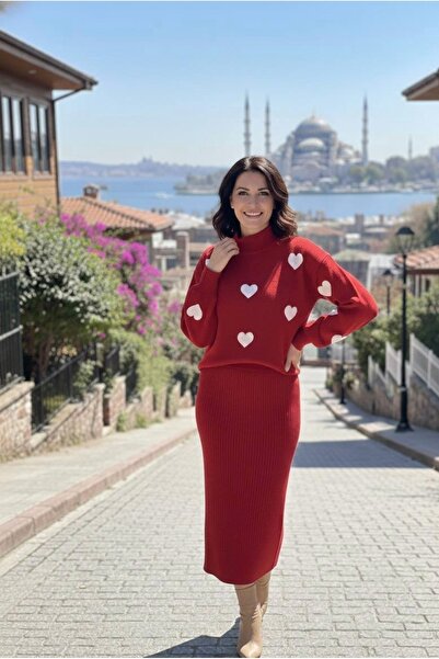 YusGos Kadın Kalp Desenli Kazaklı Elbise