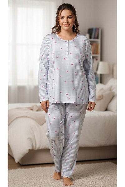 Silona Homewear Pembe Kalp Baskılı Pamuk Büyük Beden Battal Boy Pijama Takımı