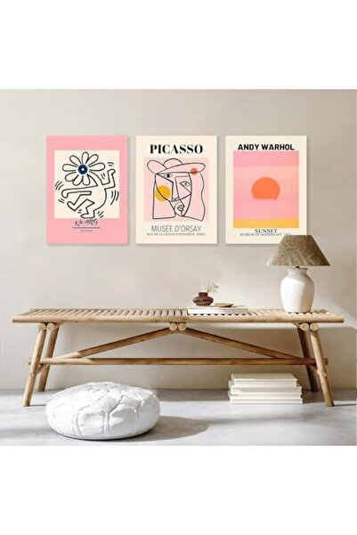 ALAYRA International مجموعة ألايرا من ثلاثة ملصقات مؤطرة على قماش تجريدي من ت...