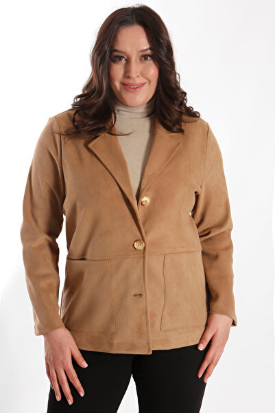 Metpoint Trend42Plus Plus Size Beige Suede Look Jacket with Button and Pocket Details