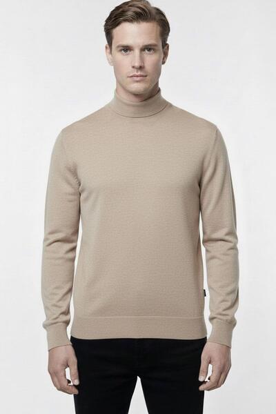 Sabri Özel Bej Regular Fit Pamuklu Bisiklet Yaka Triko Kazak