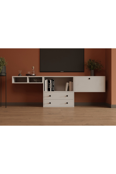 Nettrends 2 Çekmece 1 Kapaklı Asma Televizyon Sehpası Kompakt ve Şık Açık Böl...