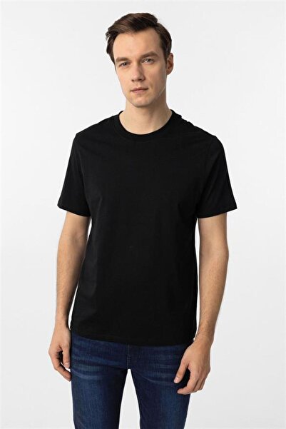 SÜVARİ Siyah Regular Düz Bisiklet Yaka Tişört