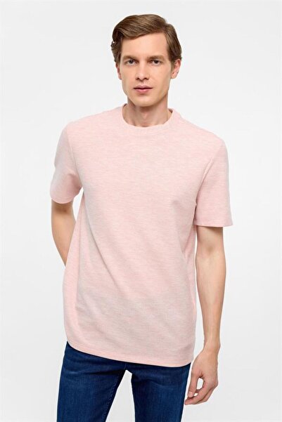 SÜVARİ Koyu Pembe Regular Armürlü Bisiklet Yaka Tişört