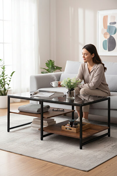 TOLIAHOME Modern Ceviz-Siyah Renk 3 Katlı Metal İskeletli Şeffaf Temper Camlı...