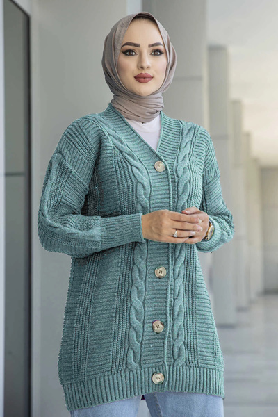 LUGMO Women's Hijab Knitwear Cardigan 5-Button Hair Knitted Cardigan Water Green