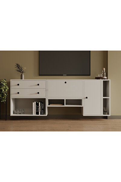 Nettrends 2 Çekmeceli 2 Kapaklı Yüzer TV Ünitesi Asimetrik Açık Raflı Modern ...