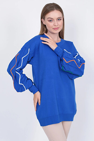 LUGMO Дамски плетен пуловер с раирани ръкави, саксофонно син