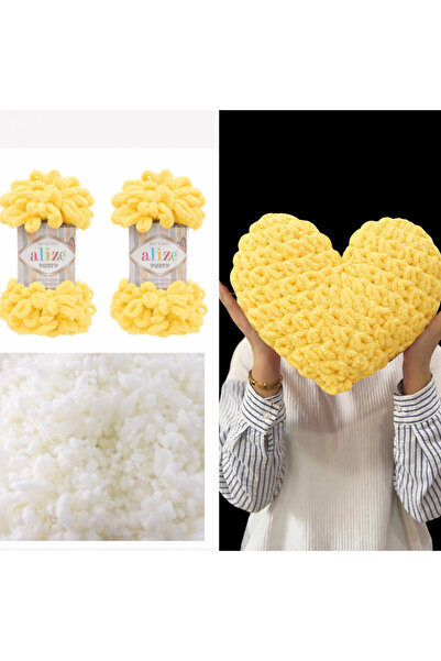 Alize Kalp Yastık Puffy Malzemesi 2 Adet Puffy 216 Sarı Ve 200 Gr. Boncuk Elyaf Seti