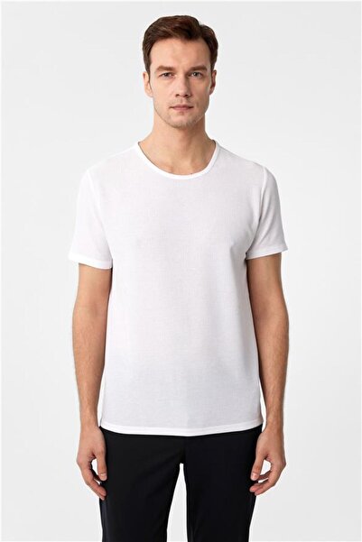 SÜVARİ Beyaz Slim Armürlü Bisiklet Yaka Tişört