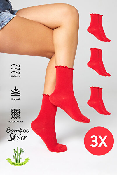 bamboo star Bamboo Women's Ruffled Elastic-Free Stitch-Free Women's Socket 3-Piece Red Socks/Does Not Leave Marks/Does Not Squeeze Socks