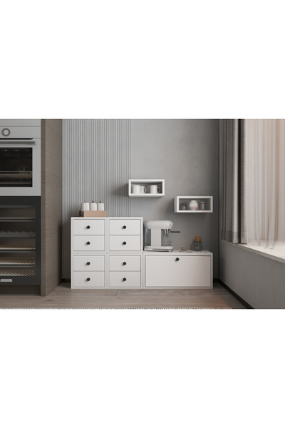 nettrends.net the new trend of shopping Modüler Mutfak Adası & Kahve Köşesi –8 Çekmece + Kapaklı Bölme + 2 Duvar Rafı – Beyaz-PNR-MTF-1003