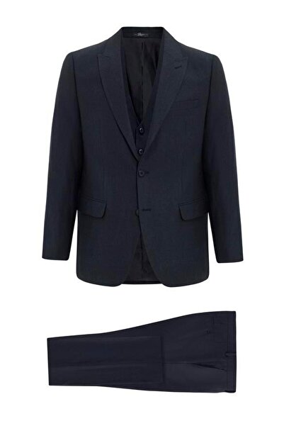 SÜVARİ Siyah Regular Armürlü Sivri Yaka 4 Drop Yelekli Takım Elbise