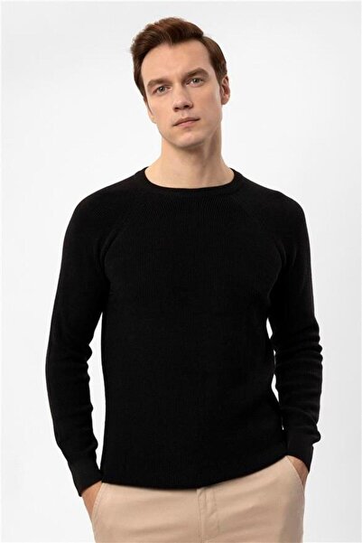 SÜVARİ Siyah Regular Armürlü Bisiklet Yaka Triko